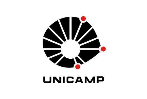 Logotipo da Unicamp, degraus pretos em espiral e três pontos vermelhos