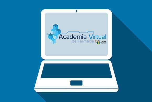 Imagem ilustrativa com fundo azul petróleo e um notebook em primeiro plano ligado cuja tela se lê Academia Virtual de Farmácia, e o logo do CRF-SP no canto direito