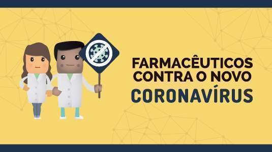 representação da campanha Farmacêuticos contra o novo coronavírus com dois bonecos vestidos de farmacêuticos segurando uma placa com nome da campanha