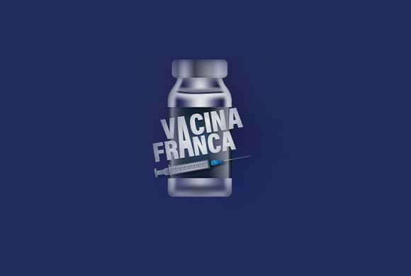 Quadro azul marinho, um frasco de medicamento transparente e escrito Vacina Franca