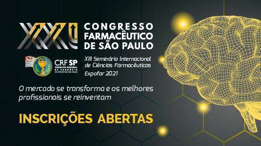 Logotipo do Congresso uma imagem de um cérebro com contornos amarelos e as inscrições XIX Congresso Farmacêutico de São Paulo - Inscrições abertas