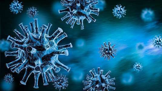 Imagem ilustrativa em azul com dois vírus da covid 
