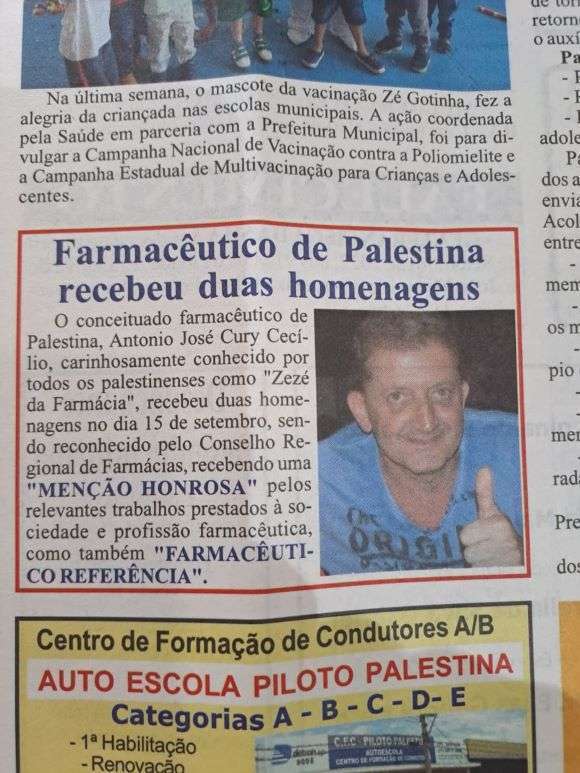 Homenagem ao farmacêutico Dr. Antonio José Cury Cecilio foi destaque em jornal da cidade de Palestina