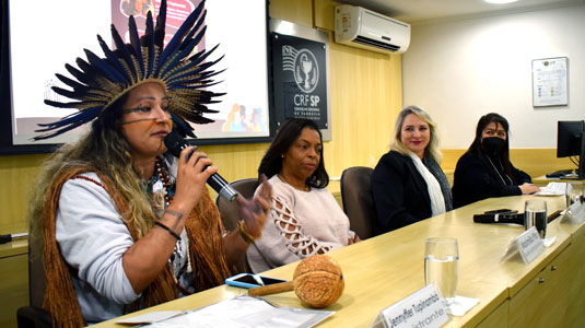 Mulher indígena com cocar, pele pintada fala ao microfone sentada na mesa, ao lado de mulher negra com blusa creme cabelos nos ombros, ao lado de mulher branca, loira, cabelos nos ombros, ao lado de mulher branca, cabelos castanhos e máscara no rosto 