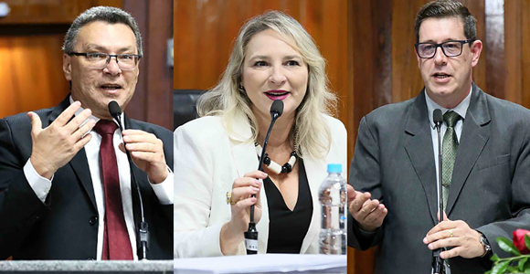 Dr. Marcos Machado (conselheiro do CRF-SP); Dra. Luciana Canetto (vice-presidente do CRF-SP); e Dr. Adriano Falvo (secretário-geral do CRF-SP)