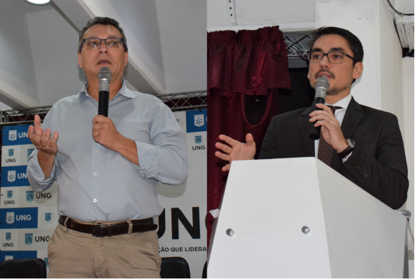 Dr. Marcos Machado (conselheiro federal por SP e especialista em Análises Clínicas) e Dr. Roberto Tadao Magami Junior (Consultoria Jurídica do CRF-SP)
